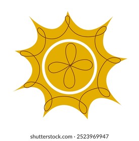 Stylized sun icon with intricate brown patterns in a bright, warm artistic composition. Line art