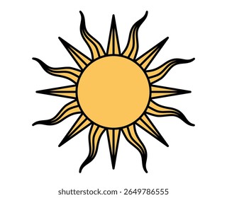 Stylized sun icon with long black and yellow rays. Clipart image isolated on background.