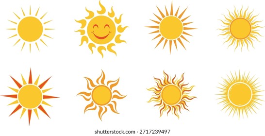 Conjunto de iconos de sol estilizado, símbolos solares negros