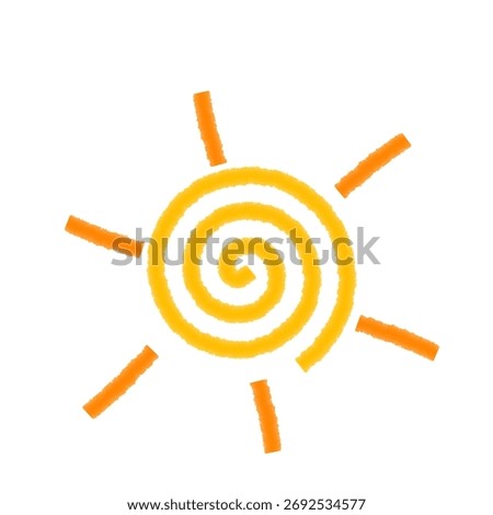 Stylized sun illustration. A bright, spiraling yellow sun with orange rays. Simple, cheerful, and optimistic design element on a white background. Summer, warmth, and positive energy.