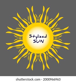 Stylized sun logo. Beautiful vector design yellow sun on grey. Bright sun rays sunburst sunbeams as summer symbol. Vintage frame artwork. Retro golden pattern decoration