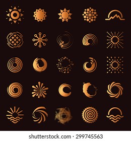 Stylized sun logo collection flat style. Round warm abstract form. Vector design element of the summer heat. Solar icon set.