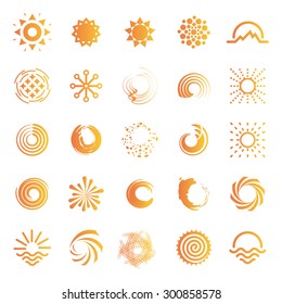 Stylized sun logo flat style. Round warm abstract form. Vector design element of the summer heat. Solar icon set.
