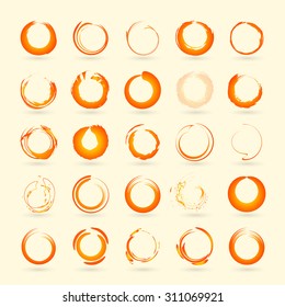 Stylized sun logo flat style. Round warm abstract form. Vector design element of the summer heat. Solar icon brush set.