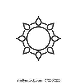 Stylized sun logo. Line icon of sun, flower. Isolated black outline logo on white background.