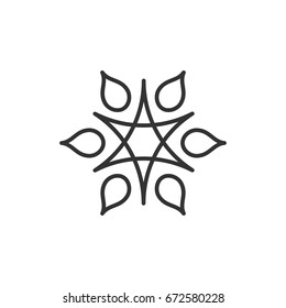 Stylized sun logo. Line icon of sun, star, flower. Isolated black outline logo on white background.