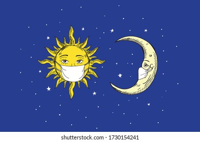 Stylized sun and moon masked on face Illustration.