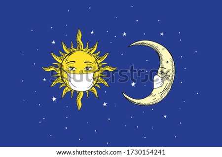 Stylized sun and moon masked on face Illustration.