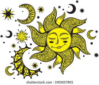 Stylized sun moon and stars fairy tale illustration vector 