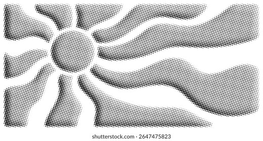 Stylized sun, sun rays, vector halftone dots background, fading dot effect