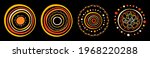 Stylized sun set. Australian art. Aboriginal painting style. Smooth round shapes, circles isolated on black background. Doodle sketch style. Color vector illustration.