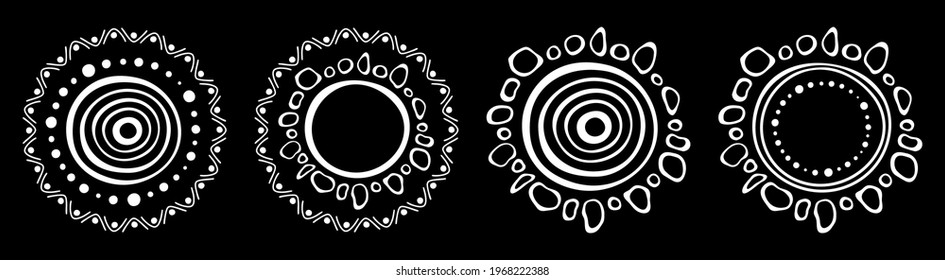 Stylized sun set. Australian art. Aboriginal painting style. Smooth round white shapes, circles isolated on black background. Doodle sketch style. Vector monochrome illustration.