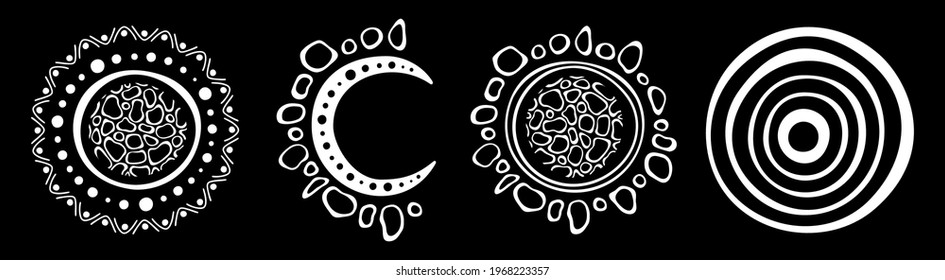 Stylized sun set. Australian art. Aboriginal painting style. Smooth round white shapes, circles isolated on black background. Doodle sketch style. Vector monochrome illustration.