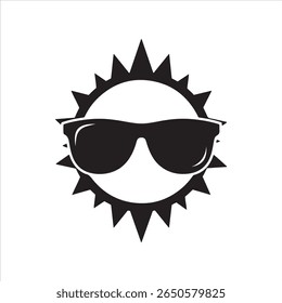 A stylized sun with sharp rays wears dark sunglasses, conveying a cool summer vibe.