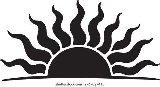 Stylized sun silhouette with fiery rays black and white silhouette heatwave illustration stylized minimalist abstract celestial radiance