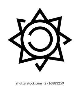 Símbolo estilizado del sol que presenta un anillo central con un elemento de letra c, rodeado por ocho rayos geométricos, creando un diseño abstracto moderno sobre un fondo blanco
