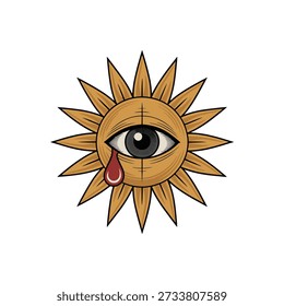 A stylized sun symbol featuring a human eye in the center and a red tear falling from it.