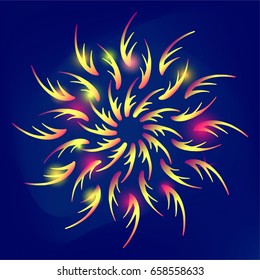 Stylized sun symbol with glowing rays as flames fire in red and yellow lights on deep blue background. Mystical esoteric alchemy symbol logo, great as t shirt, tattoo, textile, fabric or poster print.