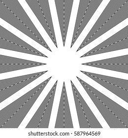Stylized sunbeam. Surface pattern design with symmetrical zigzag lines ornament. Striped motif. Sun rays wallpaper. Digital paper for page fills, web designing, textile print. Vector art illustration.