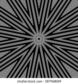 Stylized sunbeam. Surface pattern design with symmetrical zigzag lines ornament. Striped motif. Sun rays wallpaper. Digital paper for page fills, web designing, textile print. Vector art illustration.