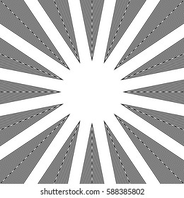 Stylized sunbeam. Surface pattern design with symmetrical zigzag lines ornament. Striped motif. Sun rays wallpaper. Digital paper for page fills, web designing, textile print. Vector art illustration.