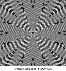 Stylized sunbeam. Surface pattern design with symmetrical zigzag lines ornament. Striped motif. Sun rays wallpaper. Digital paper for page fills, web designing, textile print. Vector art illustration.