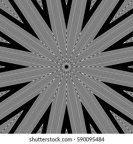Stylized sunbeam. Surface pattern design with symmetrical zigzag lines ornament. Striped motif. Sun rays wallpaper. Digital paper for page fills, web designing, textile print. Vector art illustration.