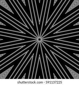 Stylized sunbeam. Surface pattern design with symmetrical zigzag lines ornament. Striped motif. Sun rays wallpaper. Digital paper for page fills, web designing, textile print. Vector art illustration.
