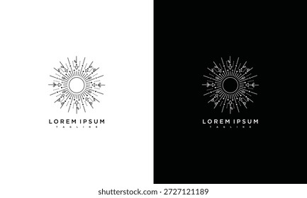 Emblemas estilizados de explosão solar em planos de fundo monocromáticos contrastantes apresentando desenhos elegantes com simetria radial