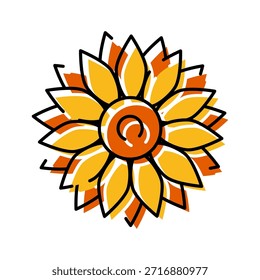 Dibujo estilizado de girasol con pétalos amarillos y naranjas con contornos negros llamativos, creando una ilustración gráfica plana vibrante que encarna el verano, el crecimiento y la belleza natural