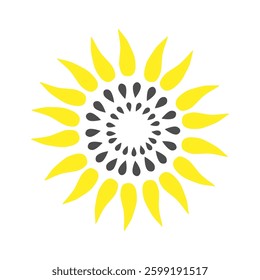 Stylized sunflower flower - yellow petals and black seeds in the center - color vector illustration, design element for logo, cards, clothes, labels, icons