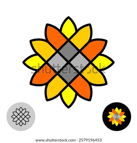 Stylized sunflower logo. Geometric mosaic style symbol of sun flower . Adjustable stroke lines width and type.