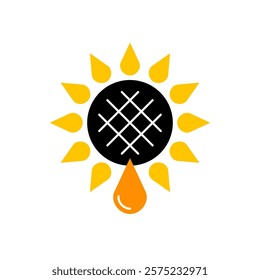 Stylized sunflower logo with oil drop. Geometric symbol of sun flower oil production concept. Adjustable stroke lines width and type.