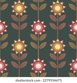 Stylized sunflower seamless vector pattern background. Vintage retro color flowers backdrop. Earthy geometric botanical design. Decorative garden floral all over print for fall, winter, kitchen