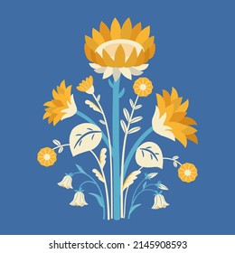 Stylized sunflowers and bluebells. Vector floral composition for cards and posters.