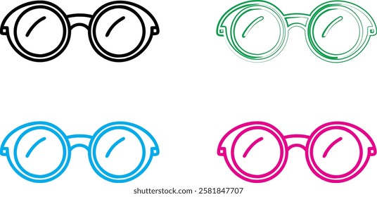 Stylized sunglasses icons, simple geometric shapes, circular lenses, bold outlines, minimalist design, flat color palette, black, green, blue, pink variations, retro eyewear, graphic illustration styl