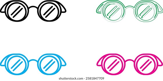 Stylized sunglasses icons, simple geometric shapes, circular lenses, bold outlines, minimalist design, flat color palette, black, green, blue, pink variations, retro eyewear, graphic illustration styl