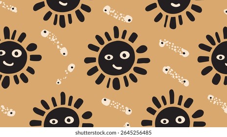 Stylized suns smile amidst abstract shapes creating tan artwork backdrop