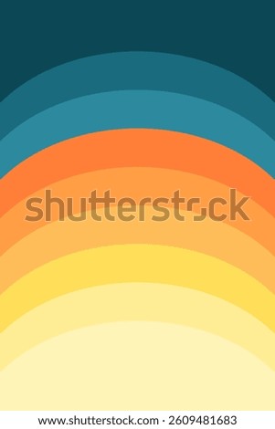 Stylized sunset gradient of curved bands of teal, orange, peach, yellow hues. Minimalist abstract design with warm to cool color transition. Calming aesthetic.
