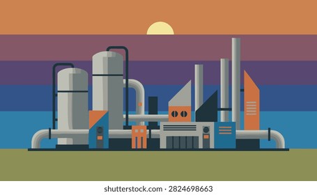 Stylized sunset industrial refinery silhouette featuring metallic storage towers and sprawling pipe networks under vibrant sky.