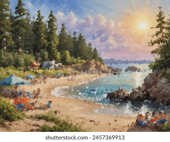 A stylized sunset landscape with a polygonal sun, water reflections and trees rendered in bright colors and geometric shapes.