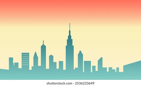 A stylized sunset over a cityscape with bright colors and a gradient sky in vector illustration. Perfect for urban, travel, or modern-themed projects.