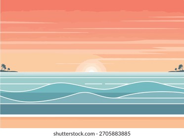Stilisierter Sonnenuntergang über dem Ozean mit Palmen und Strandsilhouette