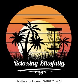 A stylized sunset scene over a circular gradient background transitioning from deep orange to bright yellow. Silhouetted against the sunset are several palm trees and a disc golf basket with chains.