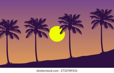 Stylized sunset scene with palm trees silhouetted against a purple and orange sky. Represents vision, growth, and a tropical setting. Could be used metaphorically for long-term planning, cloud computing, or a relaxed yet strategic approach to IT leadership.