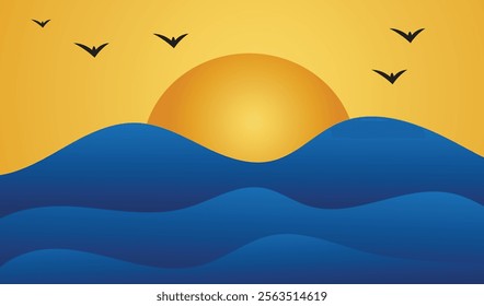 Stylized sunset scene, peaceful coastal landscape, golden sun, blue ocean waves, flying bird silhouettes, minimalist design.