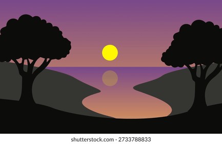 Stylized sunset scene with trees silhouetted against a purple and orange sky, with a reflection on the water. Represents vision, balance, and a strategic outlook. Could be used metaphorically for long-term planning, risk assessment, or the importance of a clear and balanced IT strategy.