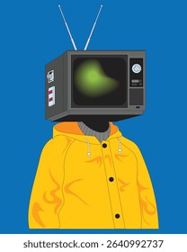 Stylized surreal illustration of a human figure with a vintage TV for a head, dressed in a yellow hoodie. Great for editorial designs, digital art, pop surrealism projects, and creative storytelling.
