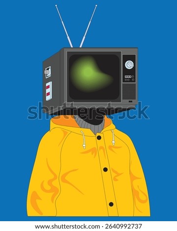 Stylized surreal illustration of a human figure with a vintage TV for a head, dressed in a yellow hoodie. Great for editorial designs, digital art, pop surrealism projects, and creative storytelling.