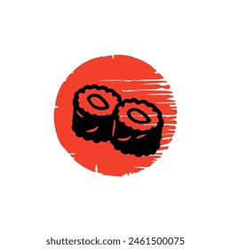 Stylized sushi rolls set red japan flag. Japanese flag design traditional food asian cuisine icon